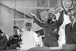 Fidel Castro and Yuri Gagarin Waving to Crowd