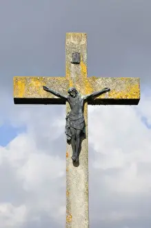 Roadside Prints: Field cross with a figure of Christ, Swabian Alb, Baden-Wuerttemberg, Germany, Europe