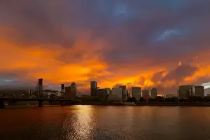 Office Prints: Fiery Sunset Over Portland Oregon downtown Waterfront