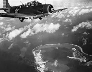 Wake Island Prints: Fighter Plane Hovering Over Paific