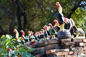 Fighting cocks statues Wat Phukhao Thong temple Ayutthaya Thailand