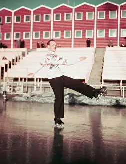 Ice Rink Prints: Figure Skater Dick Button Practicing at Olympic Games
