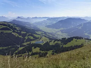 Filzalmsee Lake and Brixental Valley with Brixen im Thale, view from Mt Hohe Salve, Kitzbuhel Alps, Tyrol, Austria