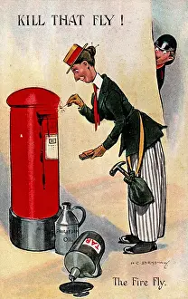 Prints of Anti-suffrage, color postcard, depicting a female suffragist wearing a black and white, Edwardian ensemble, with a hammer in a bag at her waist Historic Moments from the Women’s Fight for the Vote: Fire Fly Suffragist