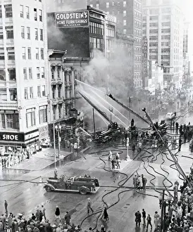 Fire Hose Prints: Fire Trucks Spraying Building Fire