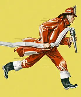 Urgency Prints: Fireman Running With Hose