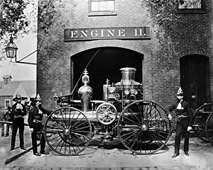 Firefighter Prints: Firemen & Early Fire Engine At Firehouse