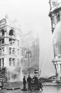 Department Prints: Firemen Fight Fire In Street; Hoses