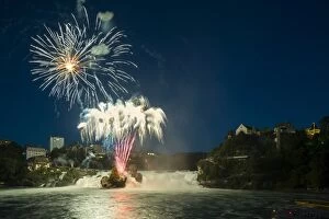 Fireworks at the Rhine Falls during the Swiss National Day celebrations, Schaffhausen, Canton of Schaffhausen