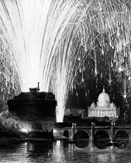 Peters Basilica Prints: Fireworks over Sant'Angelo Bridge in Rome