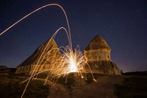 Fireworks in a sculpture rock landscape