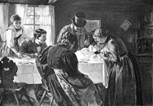 Families Prints: The first-born, Anne Baebi Jowaeger sits at the table with the assembled family