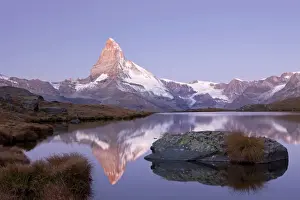 Mountain Lake Prints: First morning light on Stellisee Lake overlooking Mt Matterhorn with reflections