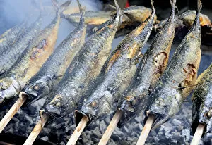 Fish on skewers on grill, Ammerland, Lake Starnberg, Bavaria, Germany, Europe