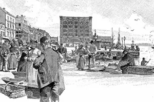 Fisheries, the fresh fish market, 1880, Kiel, Germany, digitally restored reproduction of an original 19th century painting, exact original date unknown