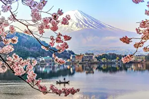 Panorama Prints: Fisherman sailing boat in Kawaguchiko Lake and Sakura with Fuji Mountain Reflection Background