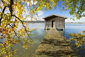 Fishermans hut in autumn at Kochelsee Lake, Bavaria, Germany, Europe, PublicGround