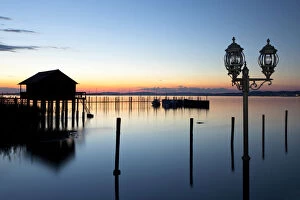 Evening Light Gallery: Fishermans hut with a lantern on Lake Constance near Altnau, Switzerland, Europe