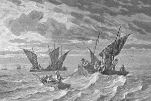 Brittany Prints: Fishermen catching sardines near the coast of Brittany
