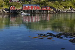 Pile Dwelling Prints: Fishermens houses in Sakrisoya, Moskenes, Moskenesoya, Lofoten, Nordland, Norway