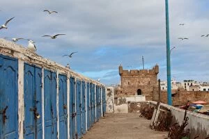 Images Dated 10th October 2015: Fishermens huts and Genoese-built citadel in Essaouira harbour, on Atlantic coast of Morocco