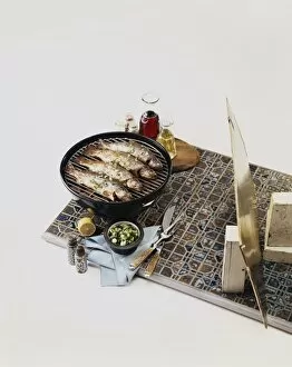 Images Dated 16th August 2011: Fishes on barbecue grill against white background