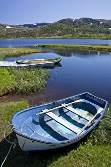 Fishing boats on the clear lake Almotjonna, Denstad, Norway, Scandinavia, Europe