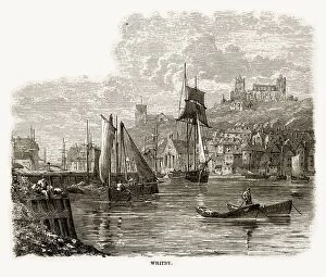 Seaside Resort of Whitby Gallery: Fishing Village of Whitby in Yorkshire, England Victorian Engraving, Circa 1840