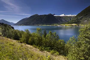 Fjaerland with the Jostefonni Glacier, Fjaerlandsfjord, Sogndal valley, Sogn og Fjordane, Norway