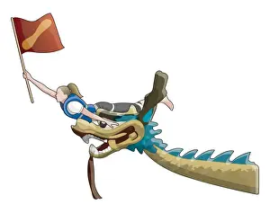 Flag puller holding flag, on top of dragons head at front of dragon boat