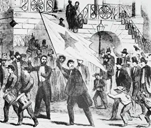 Rights Prints: Flag Being Unfurled, Waved By Man;Ceremo