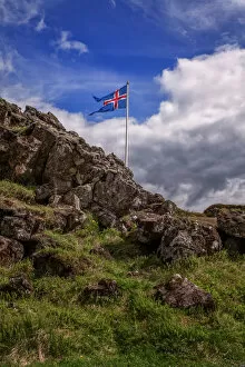 Volcano Collection: flags of iceland in Xingvellir National Park