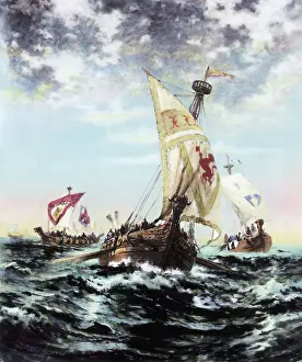 Fleet Of Viking Ships In Rough Sea