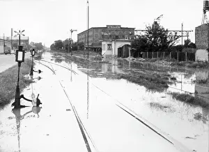 Flooded tracks along Danube banks railway in Vienna