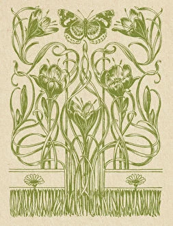 Art Nouveau Gallery: Floral ornament with lilies and butterfly decorative art nouveau 1897