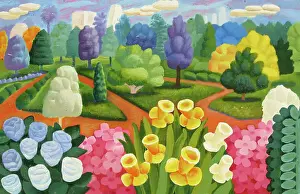 Flowering Plants in Green Park Refreshing Landscape Painting