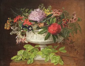 Prints of Flowers in a centrepiece on a marble windowsill with a beech branch, 1846. Creator: Johan Laurentz Jensen. (Photo by Heritage Art/Heritage Images via Getty Images) Quiet Beauty: Moments of Stillness Captured in Art: Flowers In A Centrepiece On A Marble Windowsill With A Beech Branch