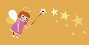 Flying angel with halo and wings holding wand, stars in background