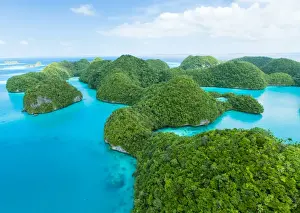 Flying over lush tropical rock islands, Palau