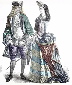 Images Dated 5th August 2019: Folk Costume, Clothing, History of Costumes, French Gentleman and Lady, ca 1700-1735, France