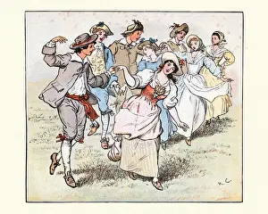 Folk dance, Young couples dancing hand in hand at a may day festival