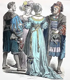 Folk traditional costume, clothing, history of costumes, German bourgeois costume, ca 1525, Germany, historical, digitally restored reproduction of a 19th century original