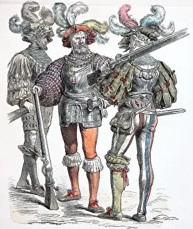 Folk traditional costume, clothing, history of costumes, uniform German Landsknechte 1520-1535, Germany, historical, digitally restored reproduction of a 19th century original