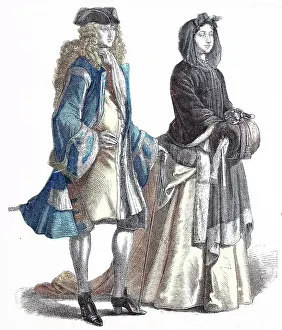 Folk traditional costume, clothing, history of costumes, German gentleman and lady, ca 1700-1735, Germany, Historical, digitally restored reproduction of a 19th century original