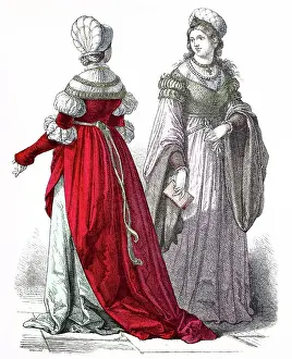 Folk traditional costume, clothing, history of costumes, German patrician woman, 1500-1535, Germany, Historical, digitally restored reproduction of a 19th century original