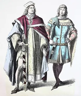 Images Dated 5th August 2019: Folk traditional costume, Clothing, History of costumes, Prince and knight, Germany, 14th century