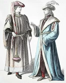 Images Dated 5th August 2019: Folk traditional costume, clothing, history of costumes, French noblemen, 1400-1450, France