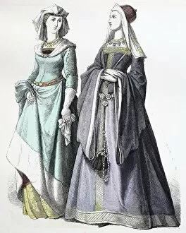 Images Dated 5th August 2019: Folk traditional costume, clothing, history of costumes, German noble ladies, 1400-1450, Germany
