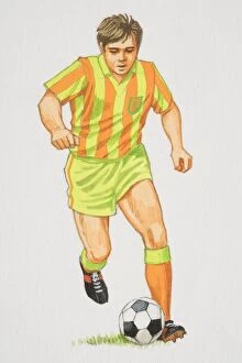 Soccer Gallery: Football player in orange and green outfit running with football in front of him, front view