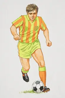 Ball Games Prints: Football player in orange and green outfit running with football in front of him